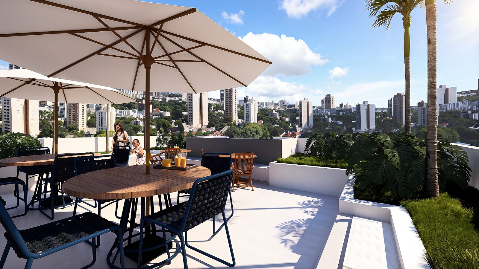 Área de convivência ao ar livre no terraço com paisagismo e vista panorâmica